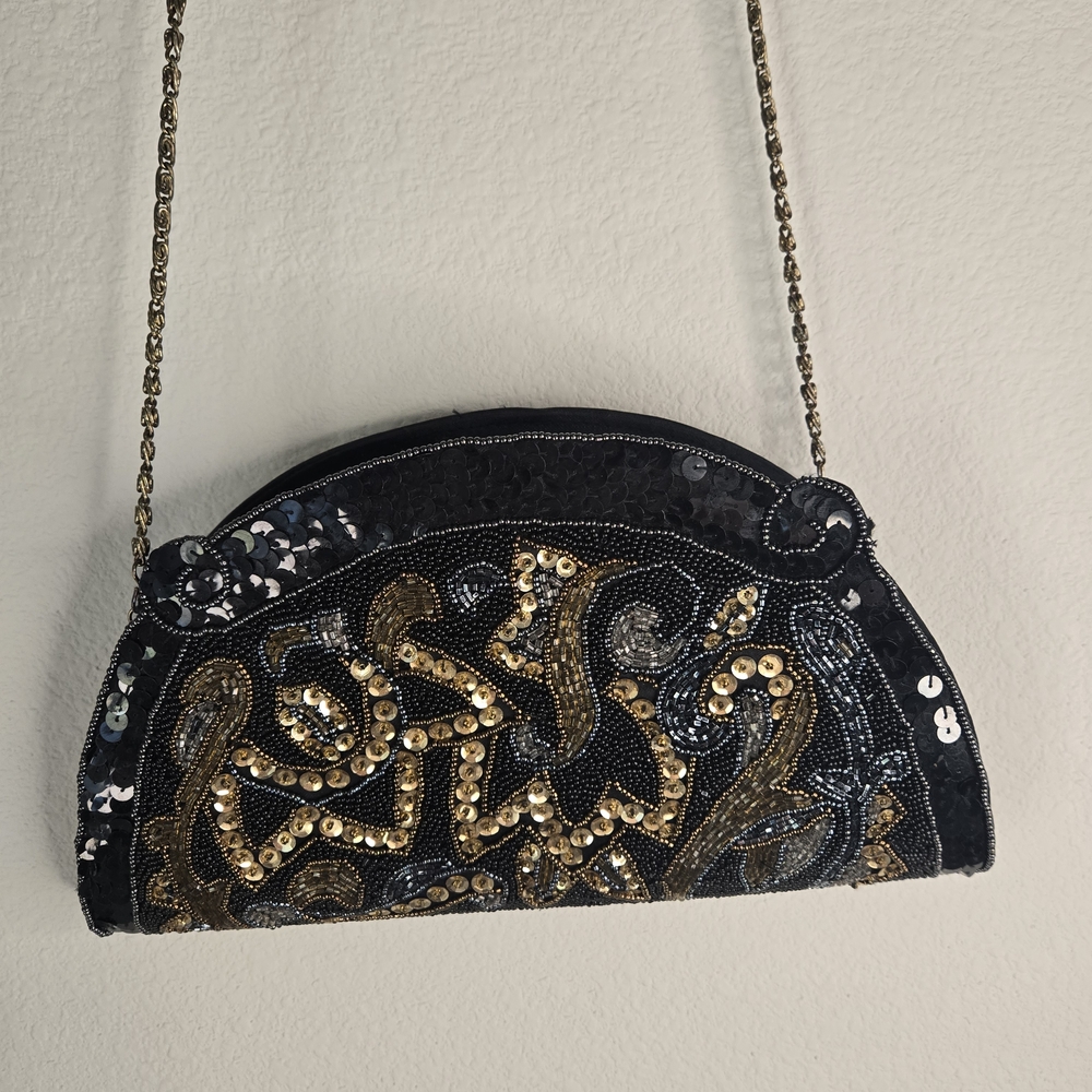 Vintage Black and Gold Beaded  Evening Clutch